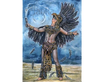 Original illustration - Ritual, man, signed art, watercolor painting, historic, wall art, magic, warrior, shaman, american, feathers, unique