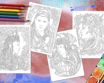 Elven Portraits: Fantasy Adult Coloring Pages Set of Four (Digital Download)