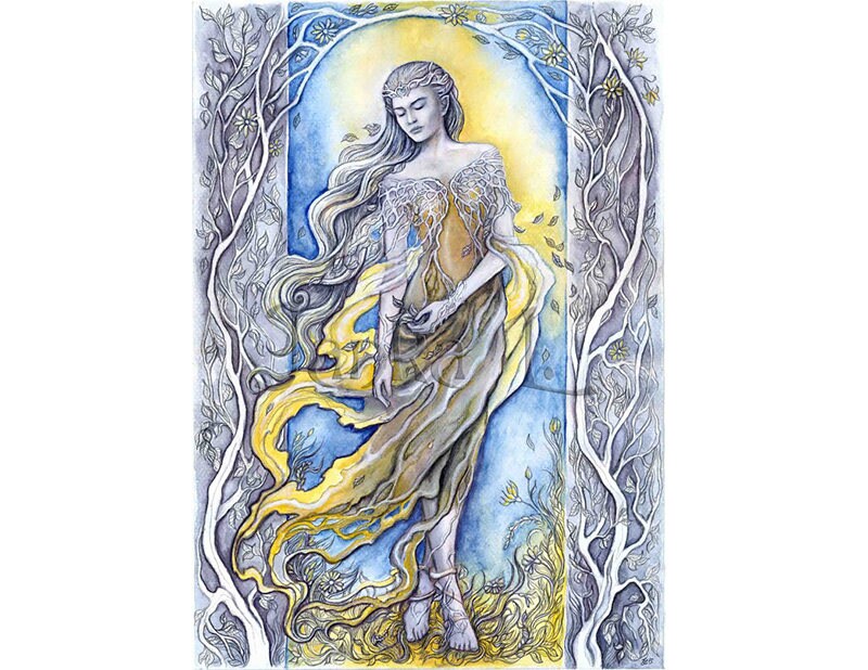 Arte de una elfa firmada: acuarela original, ilustración de fantasía