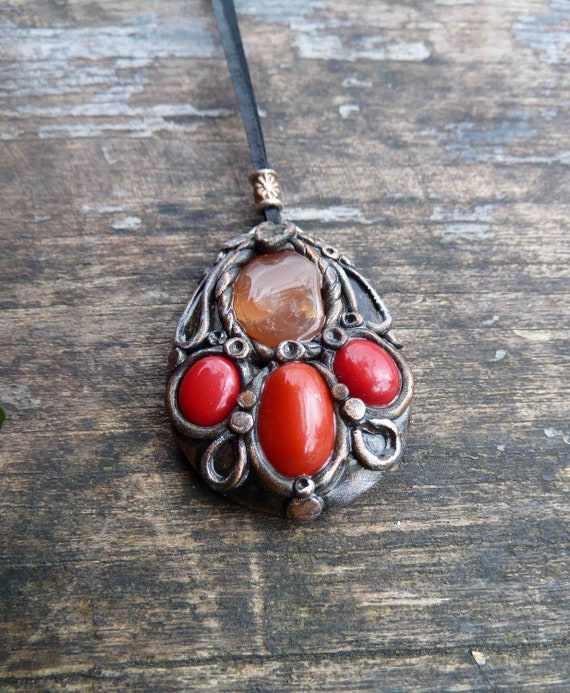Handmade Pendant With Red Coral and Carnelian Stones Gemstone - Etsy