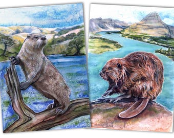 オリジナル水彩ビーバー画：カナダの野生動物アート - Etsy 日本