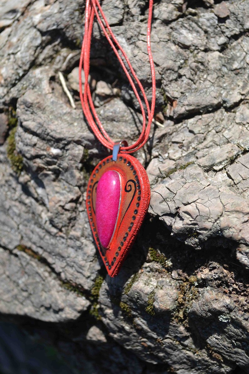 elven pendant Handmade leather pendant gift for her gift for him leather jewelry hand tooled leather unique gift gemstone pendant