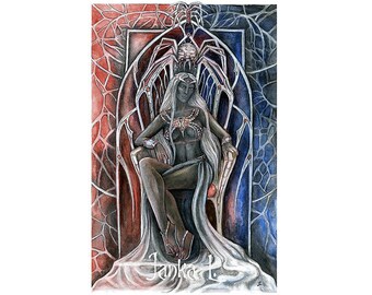 Dark elven queen - Original illustration, Dark Elf, fantasy art, forgotten realm, elven realms, spider throne, signed art, dark fantasy