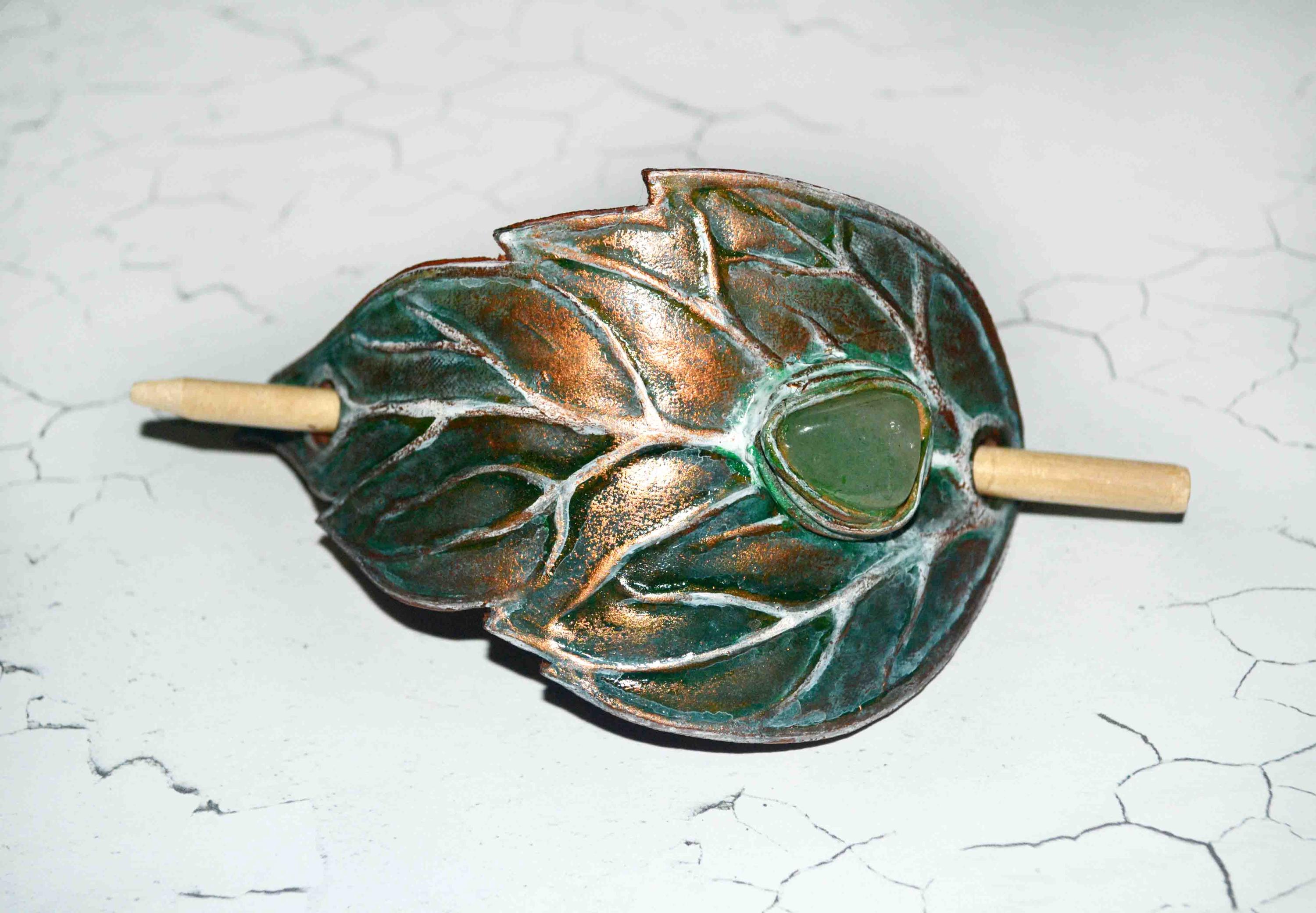 Elven Leaf - Hand Tooled Leather Hair Barrette, aventurine, nature, elf hair accessories, fantasy, gift ideas, leaf, handmade, leather craft
