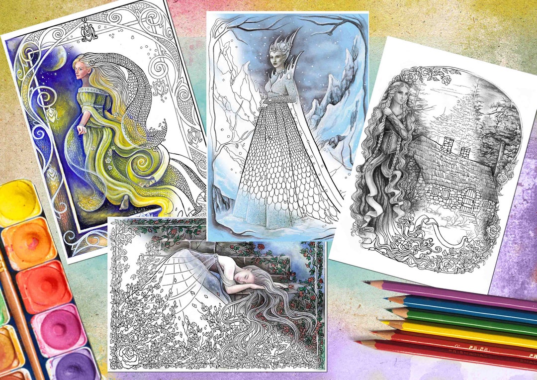 Fairytale Coloring Pages: Woman Fantasy Art - Set of 4 (digital ...