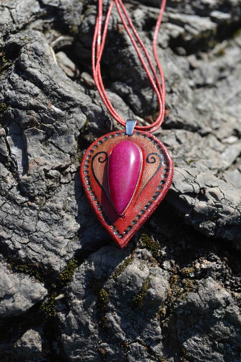 elven pendant Handmade leather pendant gift for her gift for him leather jewelry hand tooled leather unique gift gemstone pendant