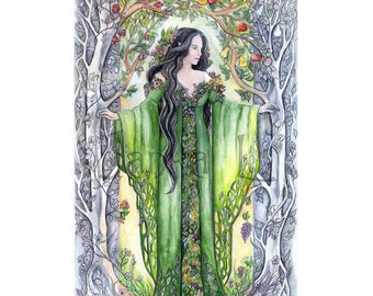 The Queen of the Earth - Print, fantasy illustration, elven art, signed print, fairytale art, elf woman, elven goddess, wall art, nature