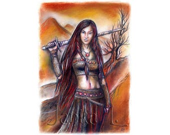 Lady Warrior - Original drawing, fantasy art, signed drawing, ready to frame, portrait of woman, wall decor, historic fantasy, unique gift