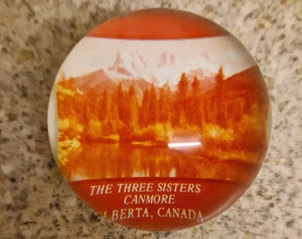 Vintage Small Acrylic Souvenir Paperweight – The Three Sisters – Canmore, Alberta, Canada – Dome Shape - Hand-made – 1950's