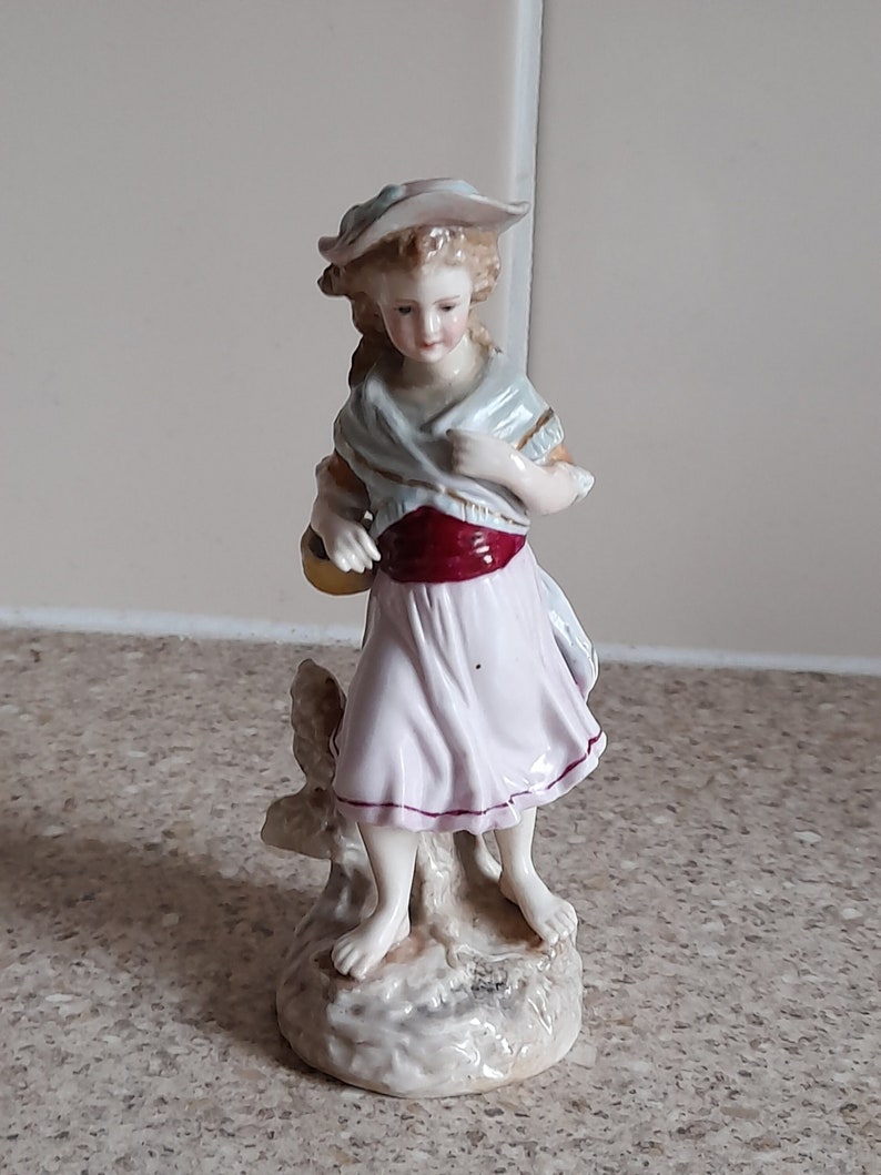 Very Rare Antique German TRIEBNER, ENS & ECKERT, Volkstedt Porcelain Figurine of a Young Girl. Circa 1880. Would make a great gift. image 1