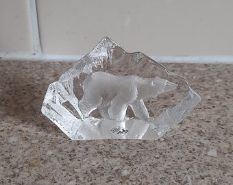 Vintage - Small Lead Crystal Polar Bear Paperweight. Signed Mats Jonasson. Preloved gift idea