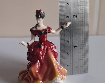 Miniature Royal Doulton Figurine – Belle Hand-Painted Porcelain Lady in Red Dress - Collectible Vintage Figure