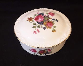 Vintage Fine Bone China Trinket Pot: Pink Roses Jewelry Holder