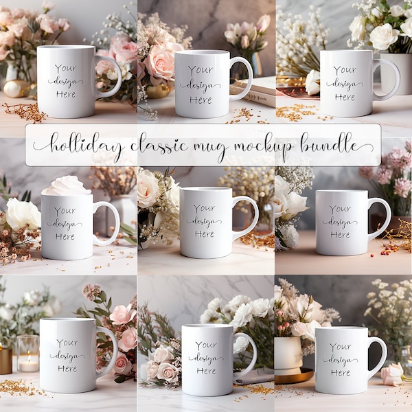 Christmas Mug Mockup Coffee Mug photo  Bundle 11 oz Cup Mockup White and Pink Rose coffee cup Mock up, Modern Clean Classic Digital Download