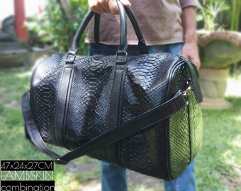 Handmade Black Python Leather Duffel Bag: Weekender Travel Bag