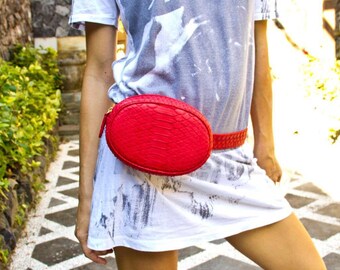 Red python belt bag handbag genuine leather snakeskin waist bag purse clutch