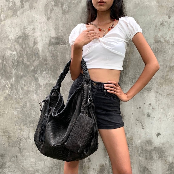 Handmade Black Python Leather Hobo Bag with Detachable Pouch