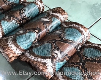 Genuine Python Snakeskin Hide: Brown & Blue Multicolor Leather (3-3.5m)