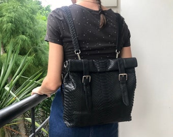 Black Python Backpack Bag Exotic Snakeskin Leather Woman HandBag Rucksack Purse