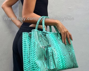 Handmade Green Python Leather Tote Bag: Ladies Snakeskin Handbag