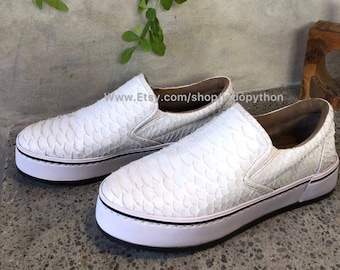 Handmade Python Leather Slip-On Sneakers - White Unisex Shoes