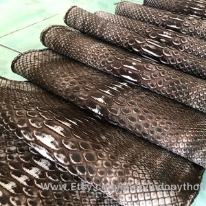 May include: Close-up of several pieces of brown and white snakeskin leather. The leather has a textured, scaly pattern.
