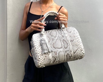 Luxury Python Leather Speedy Bag, Black and White Genuine Snakeskin Satchel Handbag, Exotic Leather Top Handle Purse, Handmade Bowling Bag