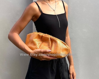 Handmade Camel Python Leather Clutch Bag