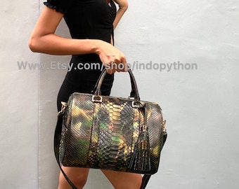 Green Python Speedy Bag, echte schoudertas met slangenleer, luxe schoudertas met handvat aan de bovenkant