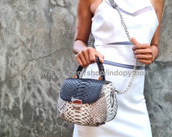 Handmade Python Leather Shoulder Bag: Black and White Snakeskin Purse