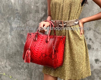 Red python bag | snakeskin bag | leather bag | red handbag | red purse |red bag | tote bag | gift for her | fashion bag | python purse | bag