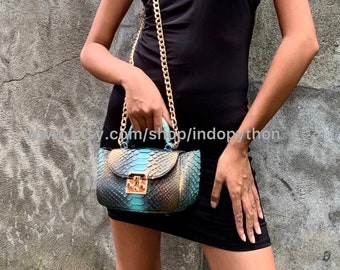 Handmade Python Leather Shoulder Bag: Bronze & Blue Snakeskin Purse