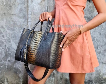 Handmade Black Python Leather Tote Bag: Gold Accent Lady's Bag