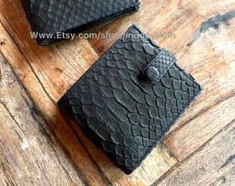 Carteira de couro de píton preta feita à mão - Carteira masculina dobrável