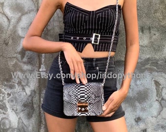 Handmade Python Leather Shoulder Bag: Black & White Snakeskin Purse
