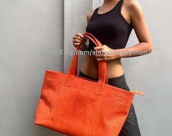 Orange Python Leather Tote Bag: Handmade Luxury Handbag