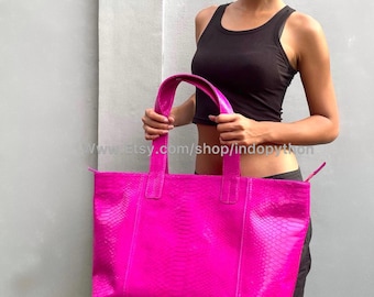 Hot Pink Python Leather Tote Bag - Luxury Snakeskin Shopper Handbag