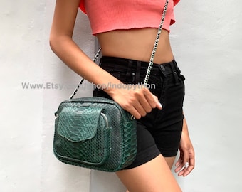 Handmade Green Python Leather Shoulder Bag: Luxury Snakeskin Purse