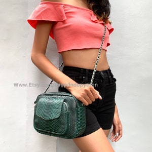 May include: A green snakeskin crossbody bag with a silver chain strap. The bag has a flap closure and a zippered pocket on the front.