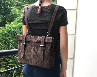 Genuine Python Backpack Bag Exotic Snakeskin Leather Woman HandBag Rucksack Purse Brown