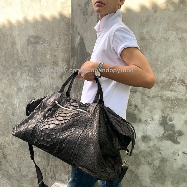 Handmade Python Leather Travel Duffel Bag: Black Weekender Gym Bag