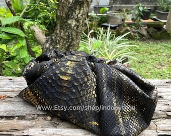 Handmade Python Leather Clutch: Black & Gold Evening Purse