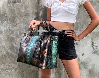 Handmade Python Leather Tote Bag: Exotic Black Multicolor Handbag