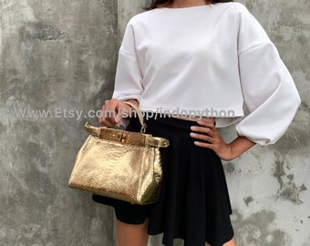 Handgefertigte Gold Python Ledertasche: Abnehmbarer Riemen