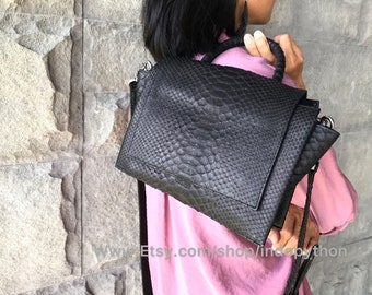 Black Python Leather Shoulder Bag: Handmade Snakeskin Purse