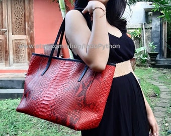 Borsa tote in pelle di pitone rosso: borsa shopper in vera pelle fatta a mano