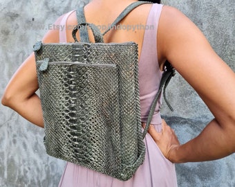 Echtes Python Leder Rucksack: Khaki Schlangenleder Modetasche