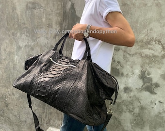 Handmade Python Leather Travel Duffel Bag: Black Weekender Gym Bag