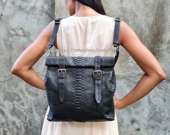 Handmade Black Python Leather Backpack: Convertible Shoulder Bag