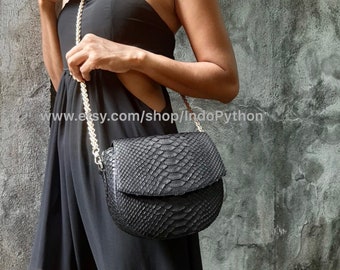 Black Python Leather Shoulder Bag: Handmade Snakeskin Purse